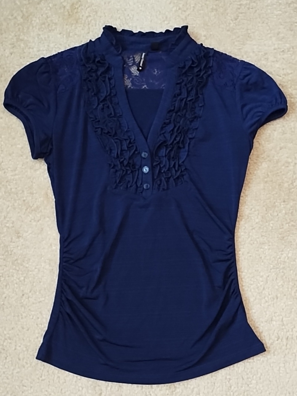 HeartSoul Navy Ruffle-Trim Top V-Neck Cap Sleeve Ruched Sides Women's Size Small